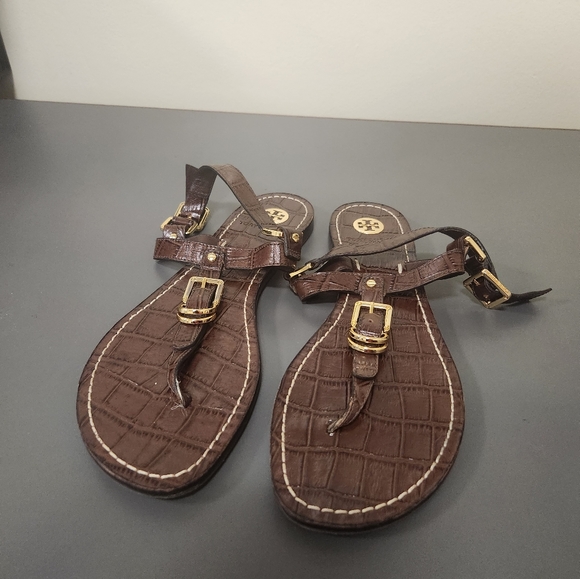 Tory Burch Trent Thong Sandals Brown Croc Embossed Sz 8M. Excellent Condition - Picture 3 of 8